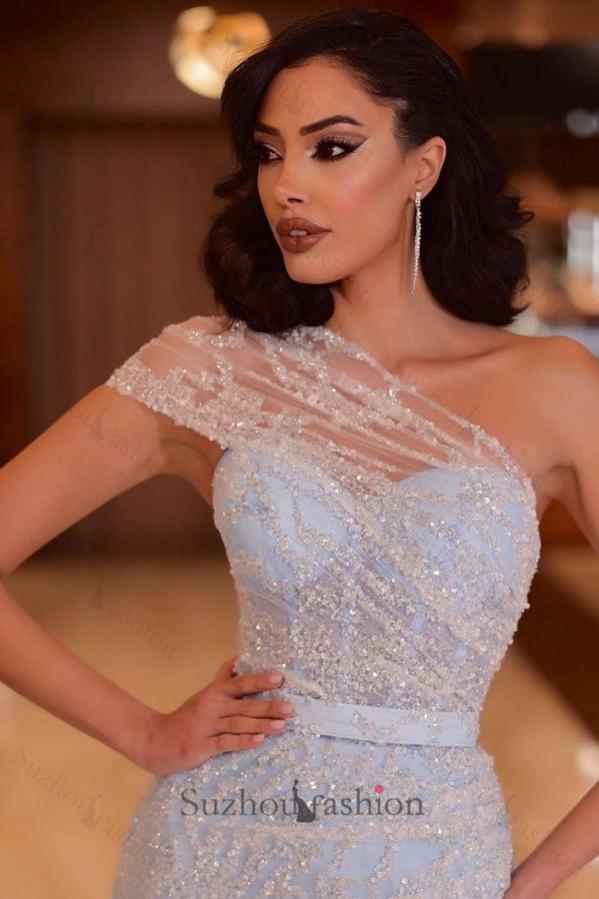 Blue Prom Dress One Shoulder Beading Lace Formal Dress With Slit