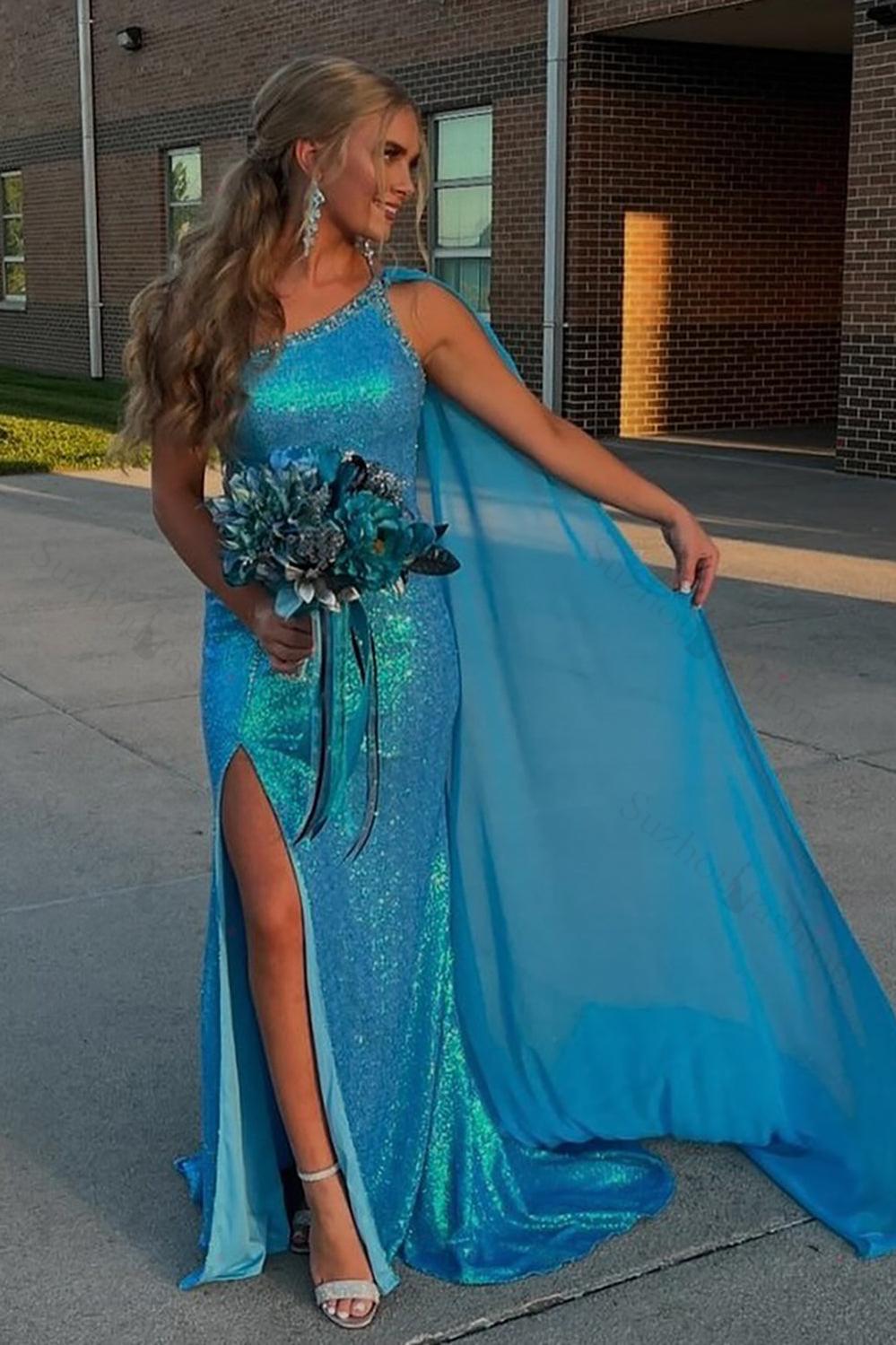 Blue Prom Dress Sequined Mermaid One Shoulder Long Formal Dress With Slit