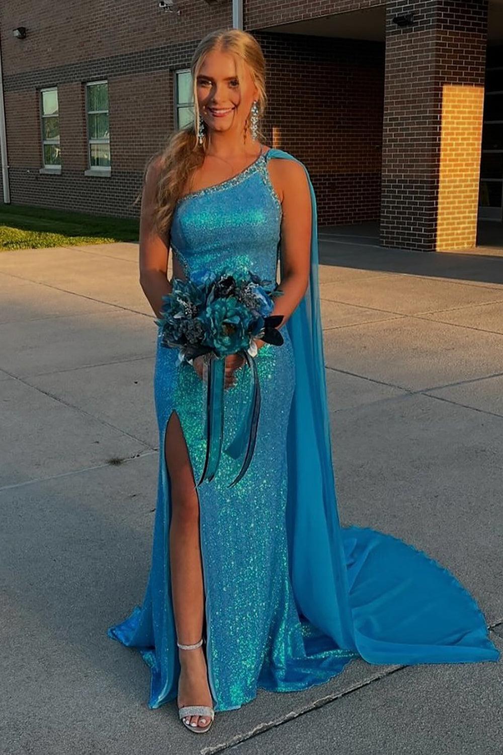 Blue Prom Dress Sequined Mermaid One Shoulder Long Formal Dress With Slit