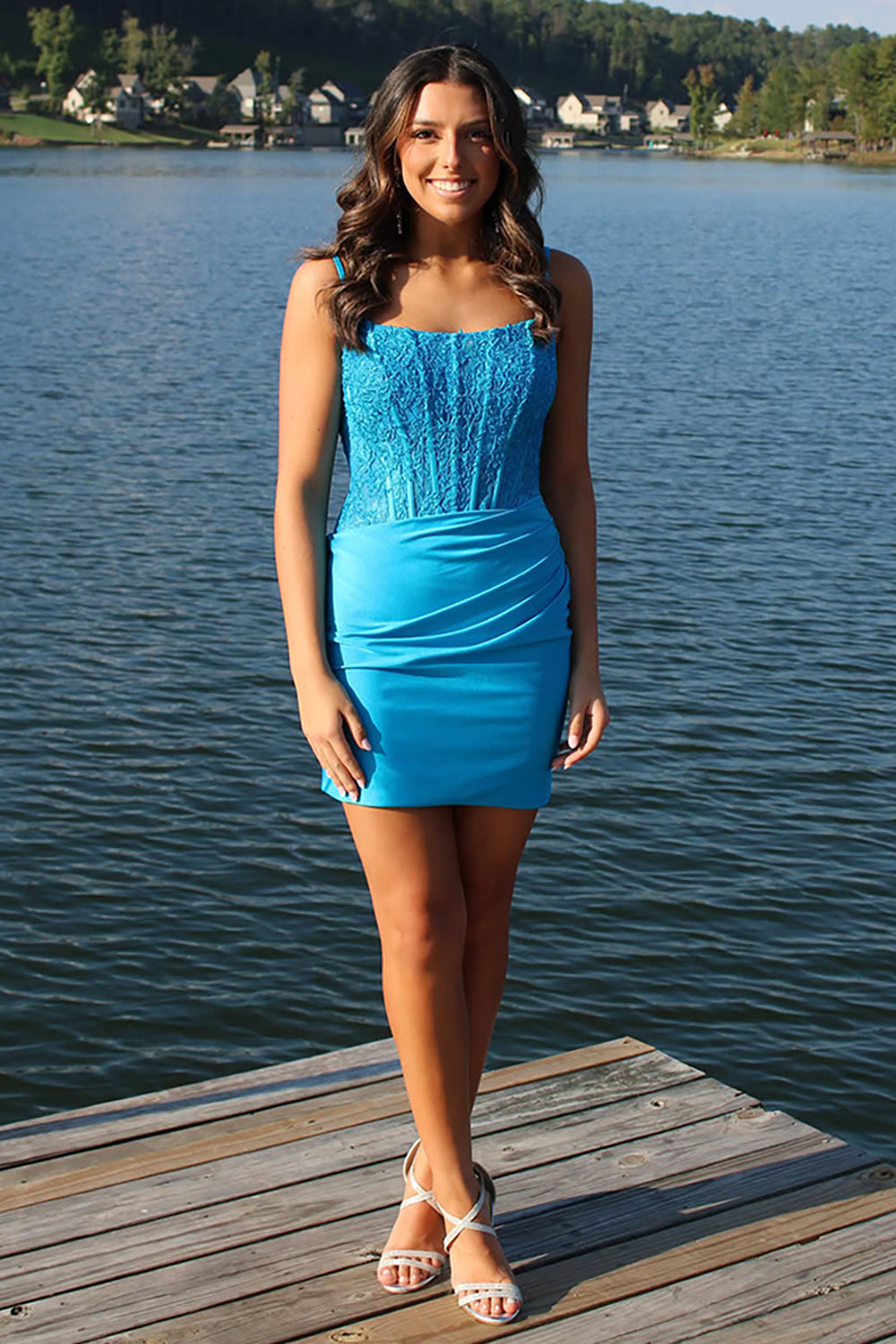 Blue Satin Homecoming Dresses Corset Short Tight Cocktail Dresses With Lace