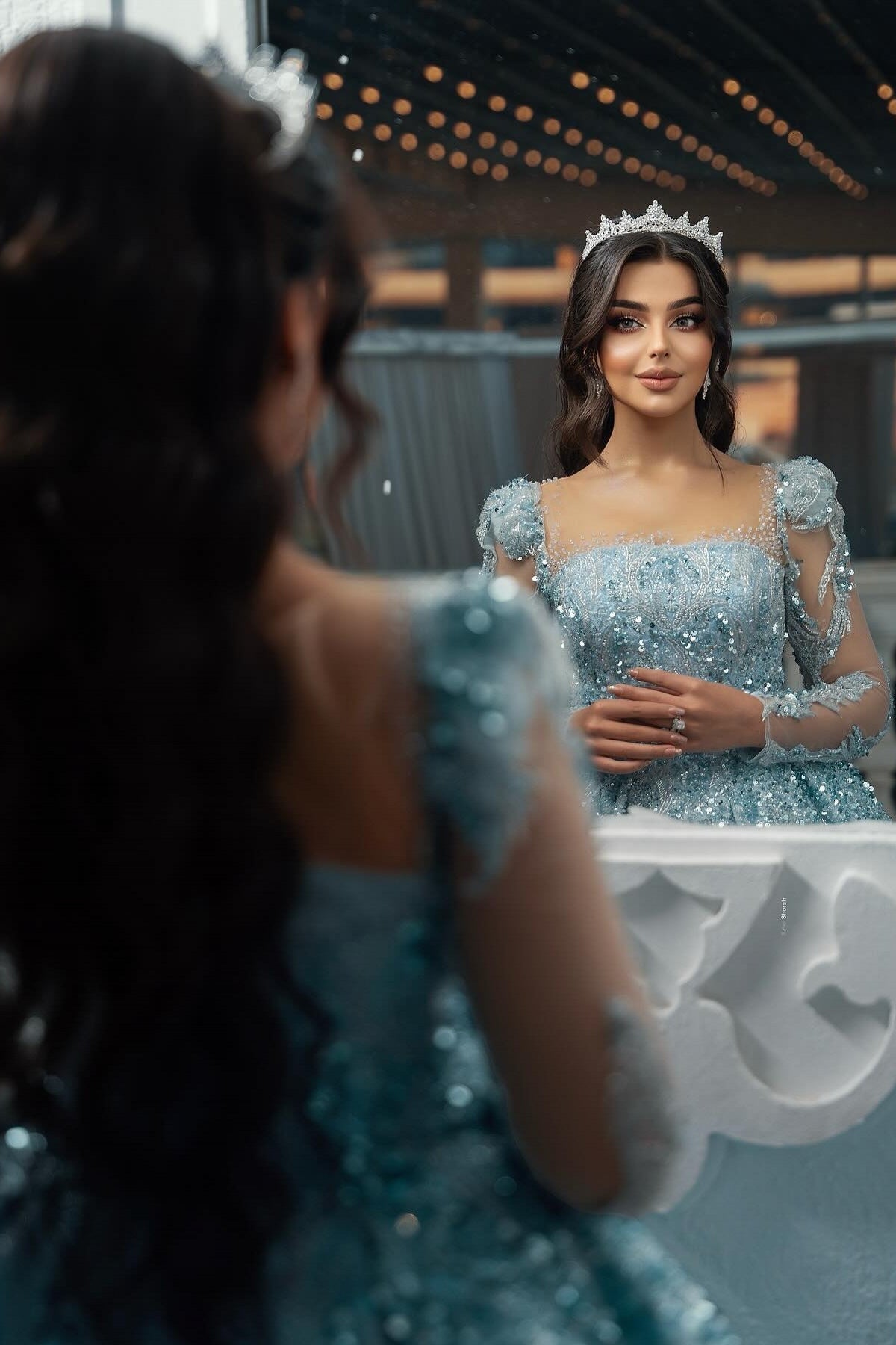 Blue Square Long Illusion Sleeves Beaded Sequined Ball Gown Long Satin Bridal Gown With Appliques