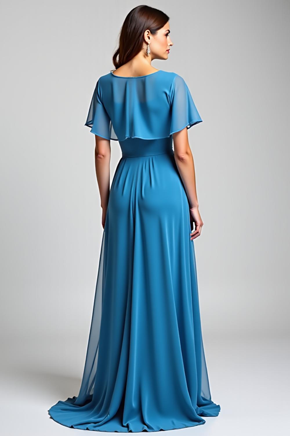 Blue Wedding Guest Dress Long Chiffon A Line Formal Dress With Short Sleeves