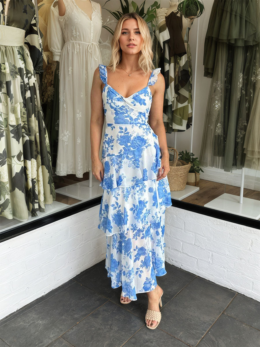 Blue A-Line Ruffles Print Prom Dress with Slit - FashionDia