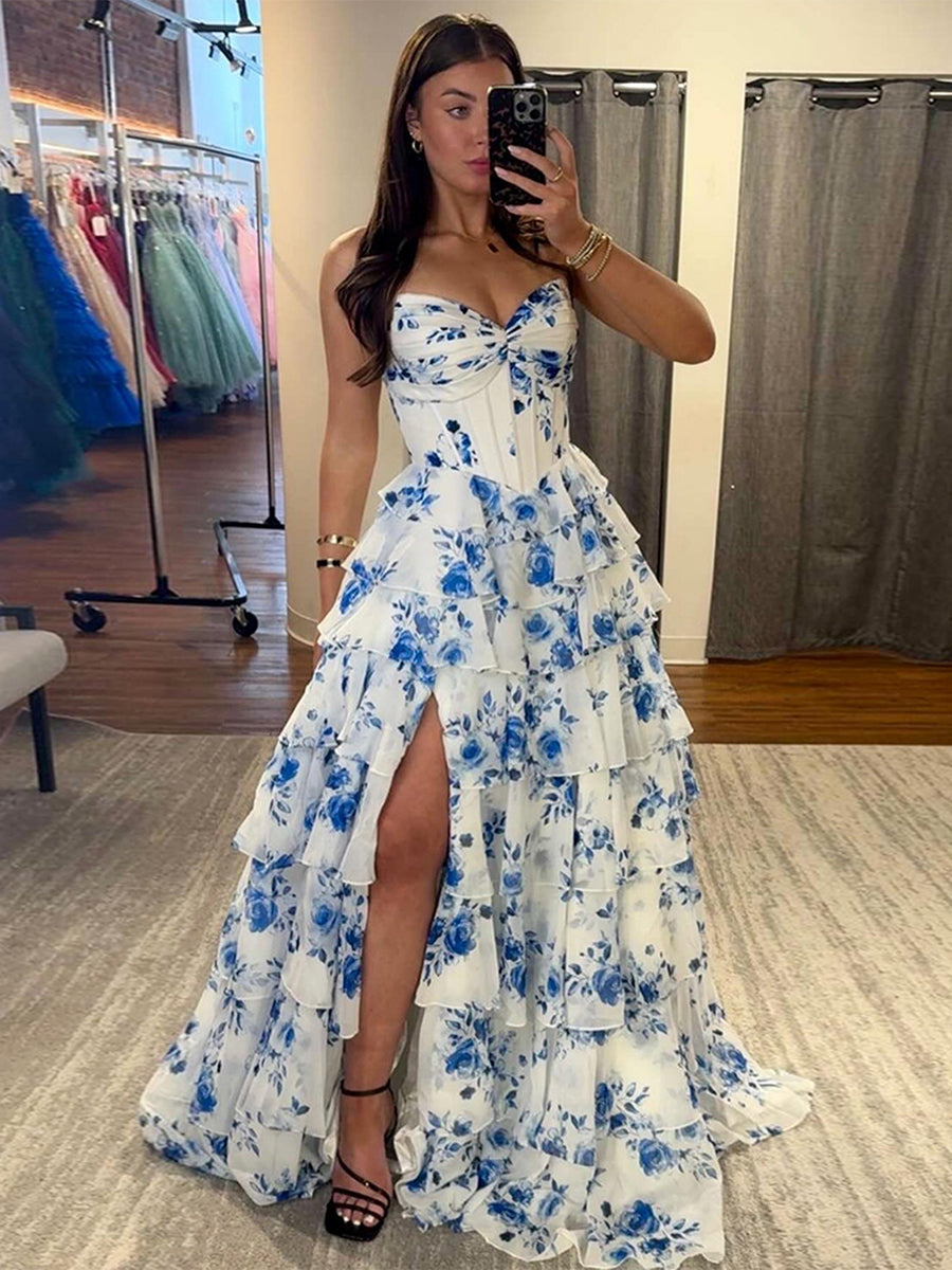 A-Line Strapless V-Neck Tiered Printing Long Prom Dress - FashionDia