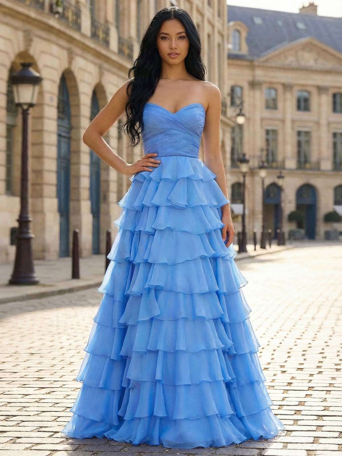 Blue A-Line Strapless Tiered Ruffle Long Prom Dress - FashionDia