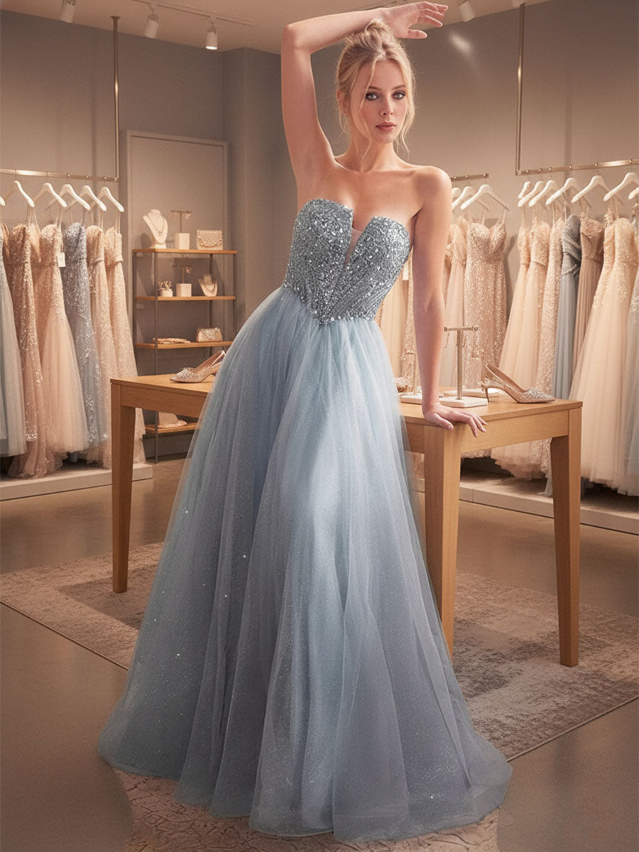 Blue A-Line Sweetheart Long Prom Dress With Sequins - View 3 | FashionDia