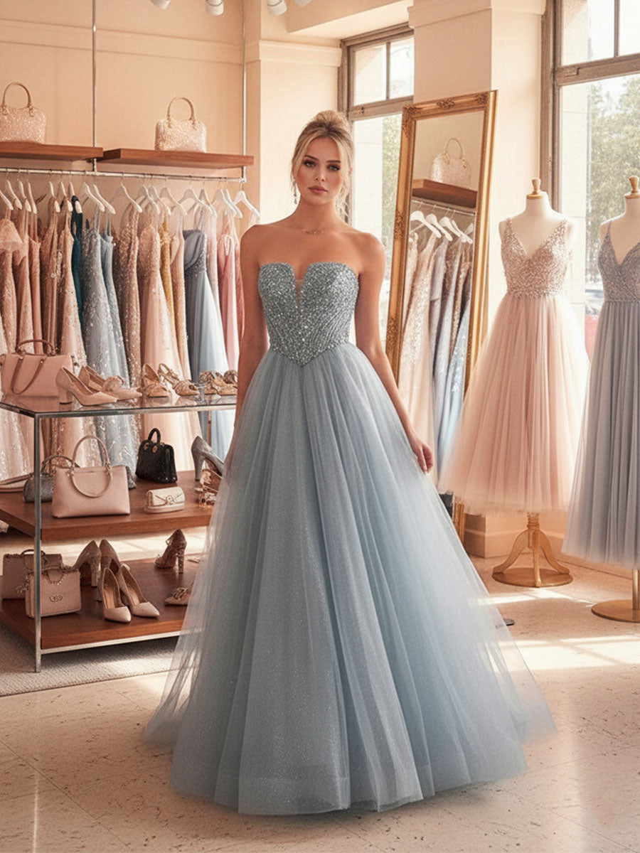 Blue A-Line Sweetheart Long Prom Dress With Sequins - FashionDia