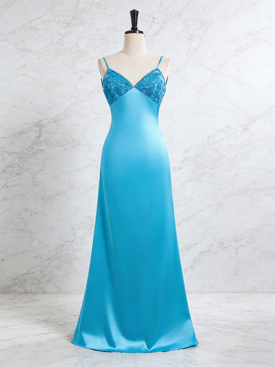Blue V-Neck Beaded Bodice Satin A-Line Long Prom Dress - FashionDia