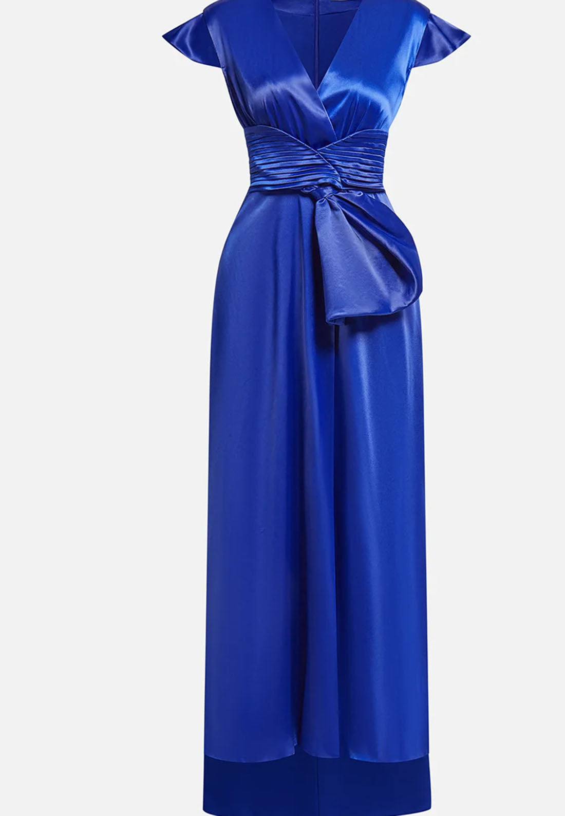 Blue Cap Sleeve Bow Satin A-Line Maxi Dress