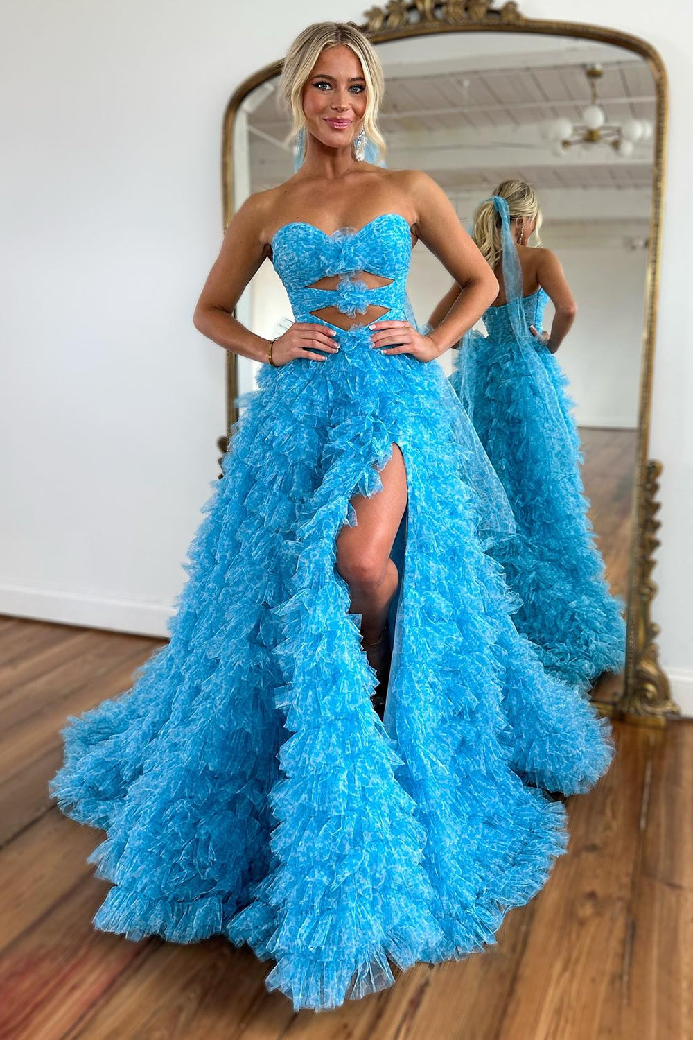 Blue Cute A-Line Sweetheart Long Tiered Tulle Prom Dress With Split - FashionDia