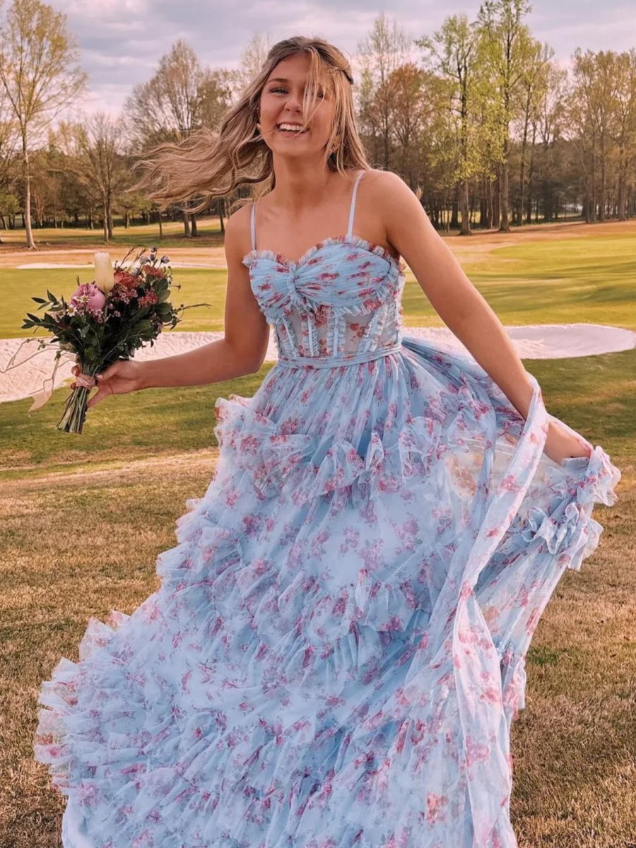Blue Floral A-Line Corset Tulle Ruffles Long Prom Dress - FashionDia