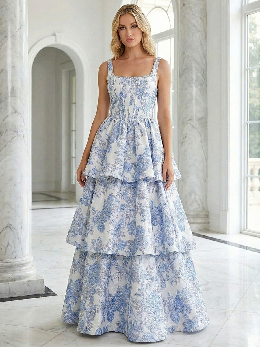 Blue Floral Brocade Corset Tiered A-Line Prom Dress - FashionDia