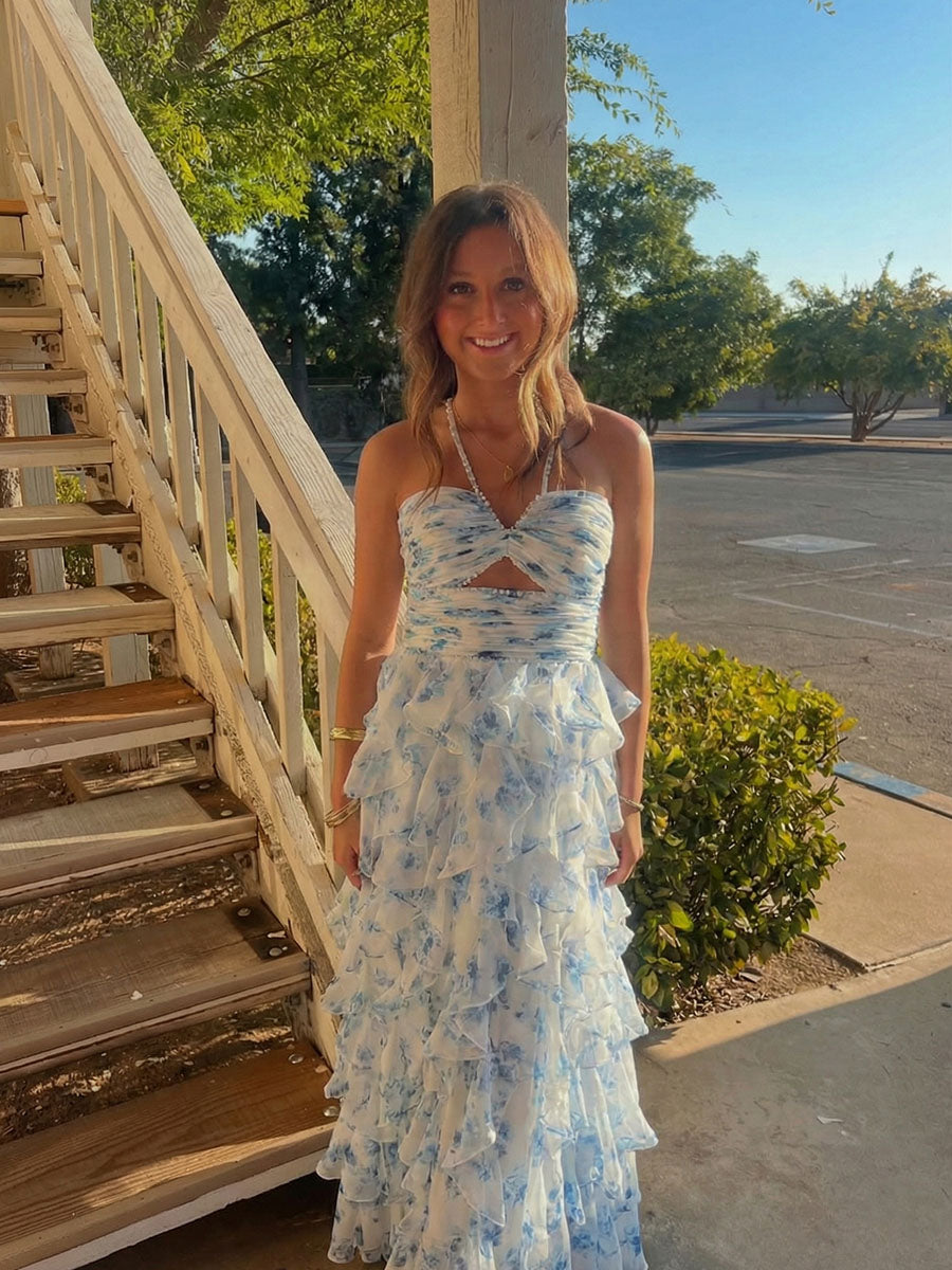 Blue Floral Ruffles Tiered Halter Prom Dress with Keyhole Cutout - FashionDia