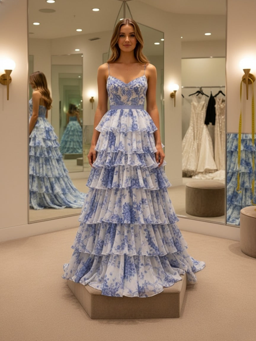 Blue Floral Spaghetti Straps Print Tiered A-Line Prom Dress - FashionDia