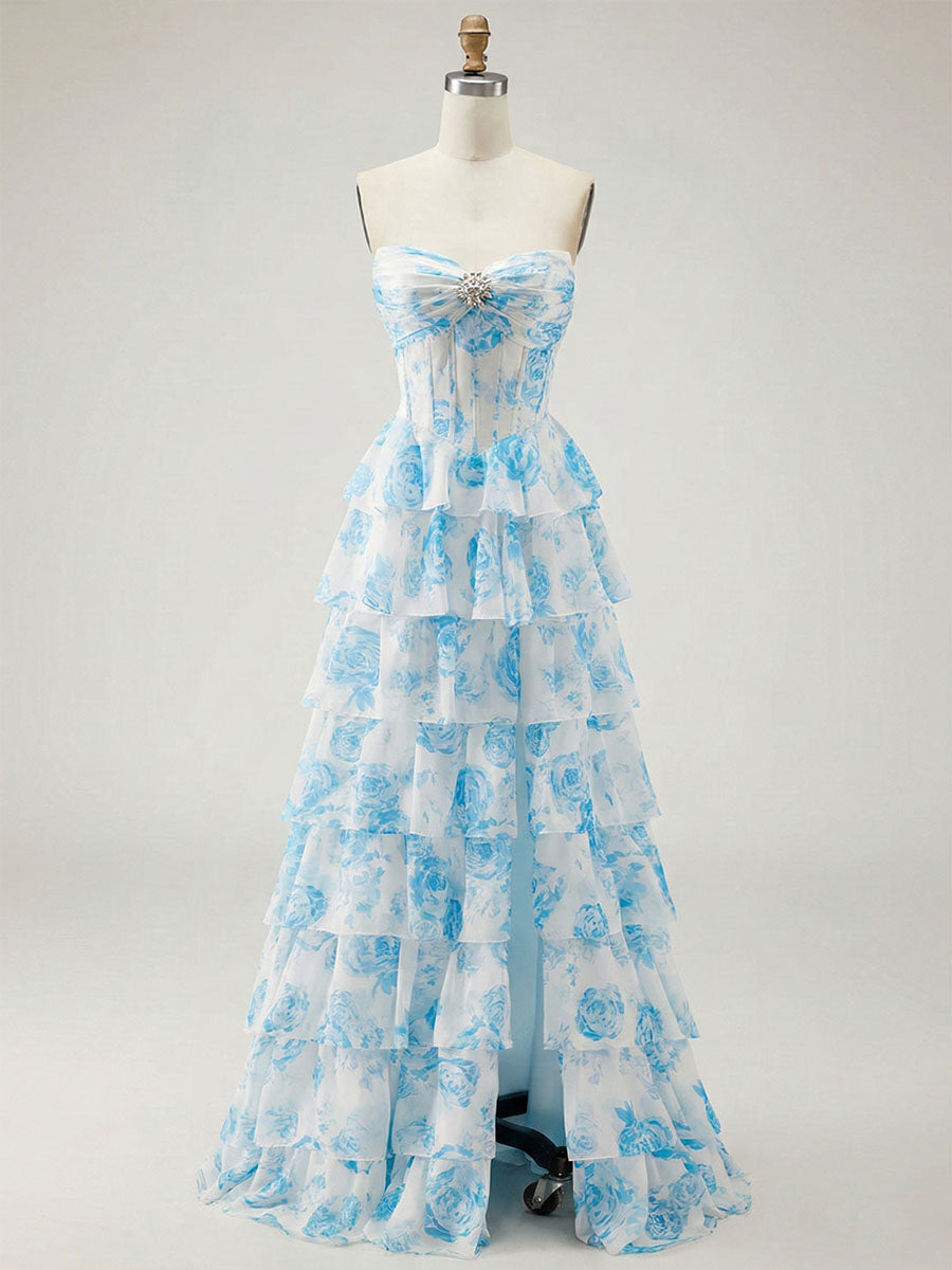 Blue Floral Strapless Tiered Ruffle Corset Prom Dress with Slit - FashionDia
