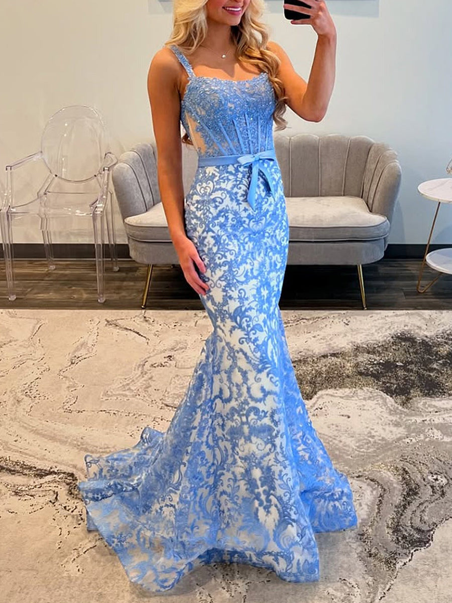 Blue Floral Sweetheart Spaghetti Straps Corset Prom Dress - FashionDia
