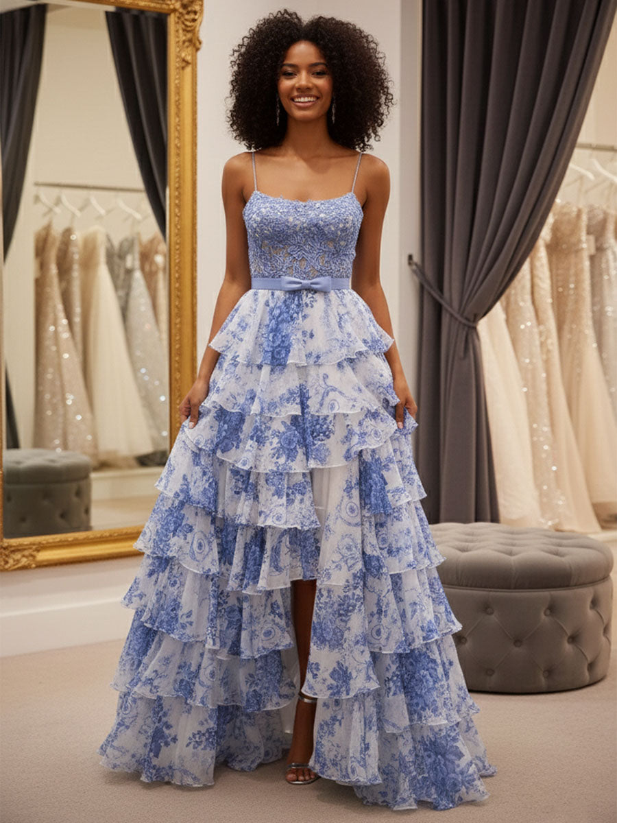 Blue Floral Tiered Ruffles High-Low Prom Dress with Beaded Bodice - FashionDia