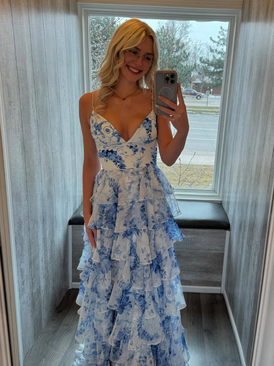 Blue Floral V-Neck Tiered Ruffle A-Line Prom Dress - FashionDia