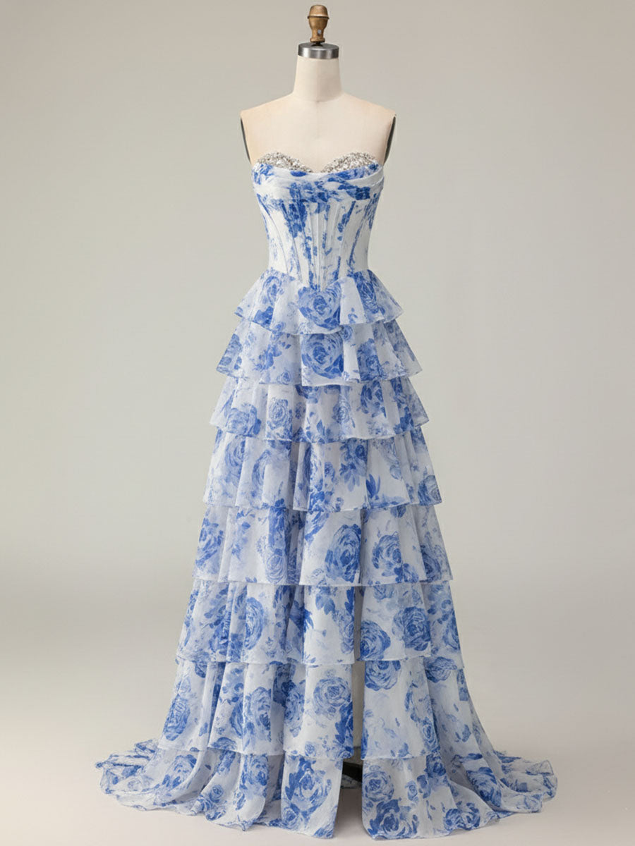 Blue Flower A-Line Sweetheart Sequins Tiered Corset Long Prom Dress with Slit - FashionDia