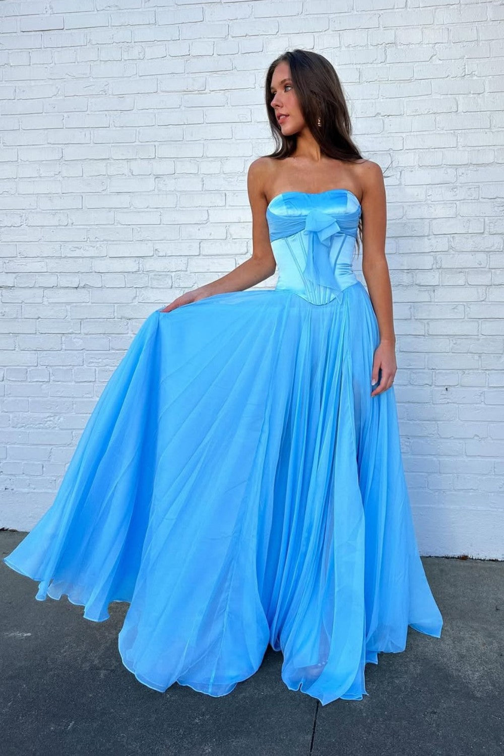 Pretty A Line Sweetheart Blue Corset Prom Dress with Bowknot