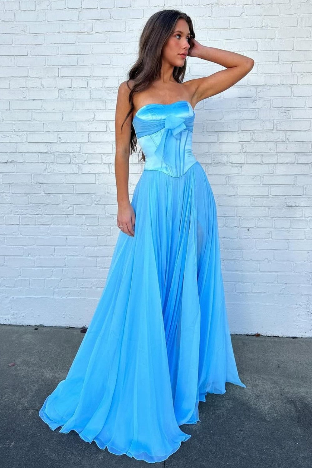 Pretty A Line Sweetheart Blue Corset Prom Dress with Bowknot