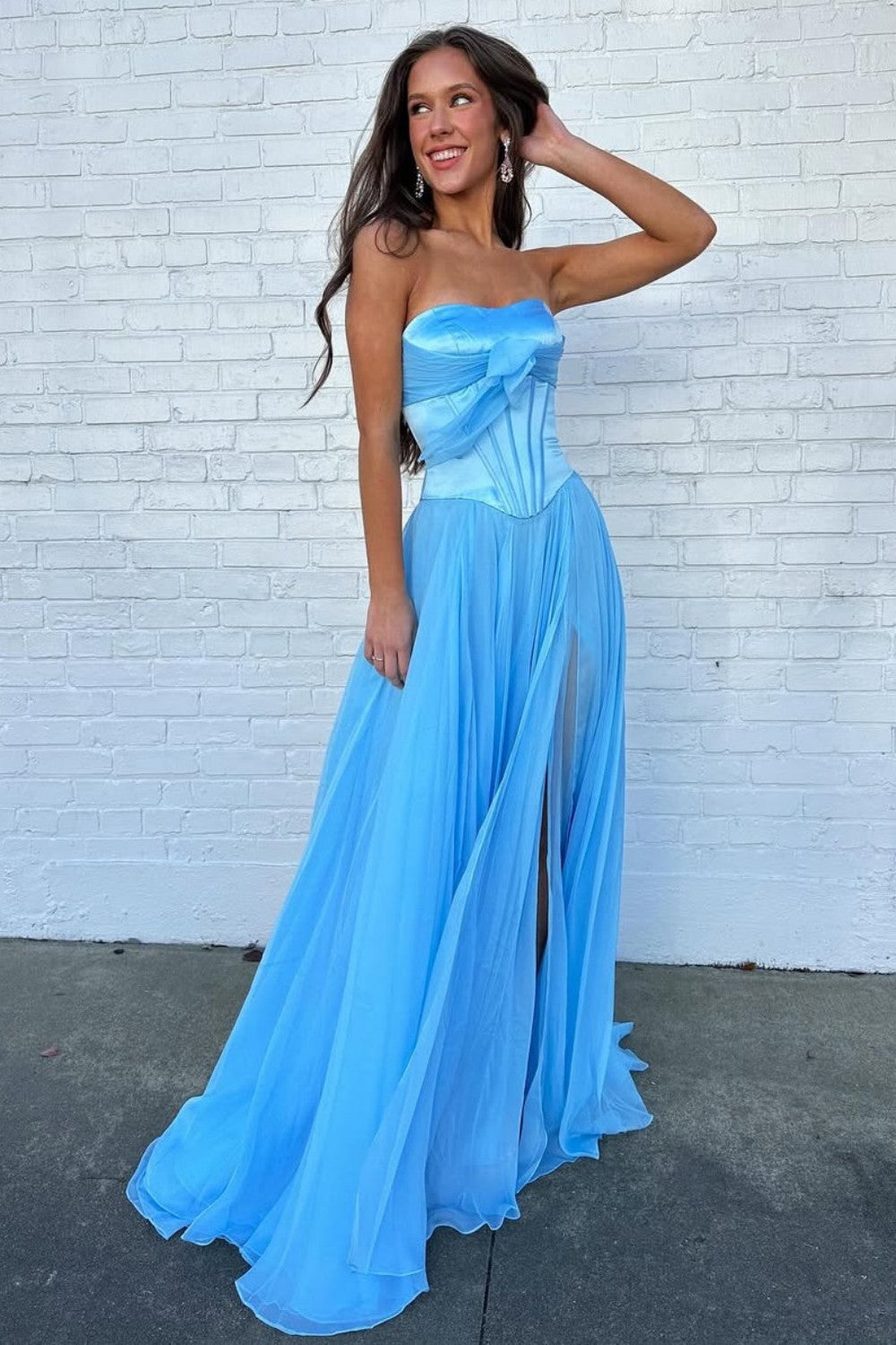 Pretty A Line Sweetheart Blue Corset Prom Dress with Bowknot