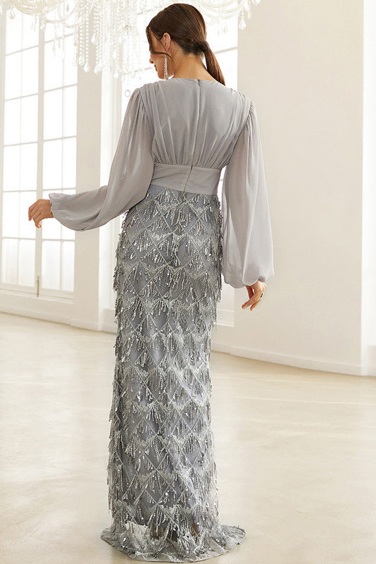 Blue Long Sleeve High Split Prom Dress With Tassel - Fashionpara