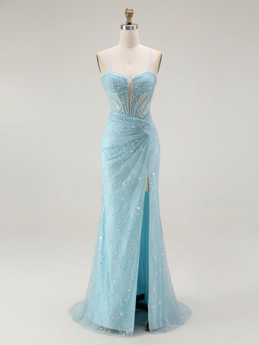 Blue Mermaid Spaghetti Straps Beaded Long Prom Dress with Slit - FashionDia