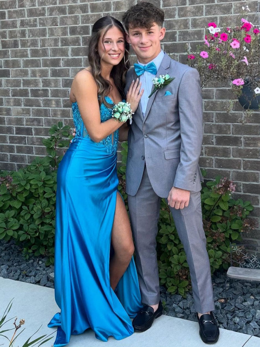 Blue Plunge Neck Sequin Appliques Mermaid Long Prom Dress