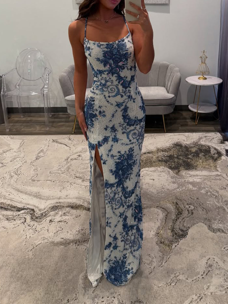Blue Porcelain Print Spaghetti Straps Beaded Long Prom Dress with Slit - FashionDia