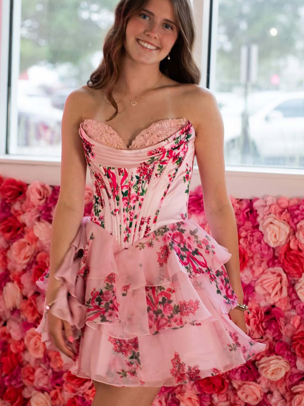Print A-Line Sweetheart Strapless Appliquues Tiered Homecoming Dress