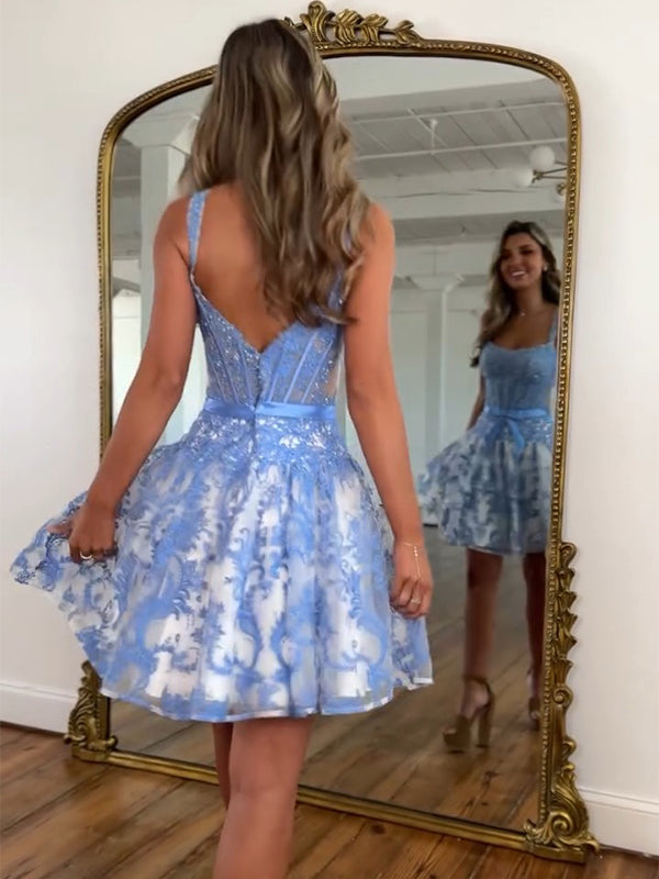 Blue Floral Print A Line Floral Corset Homecoming Dress With Bow