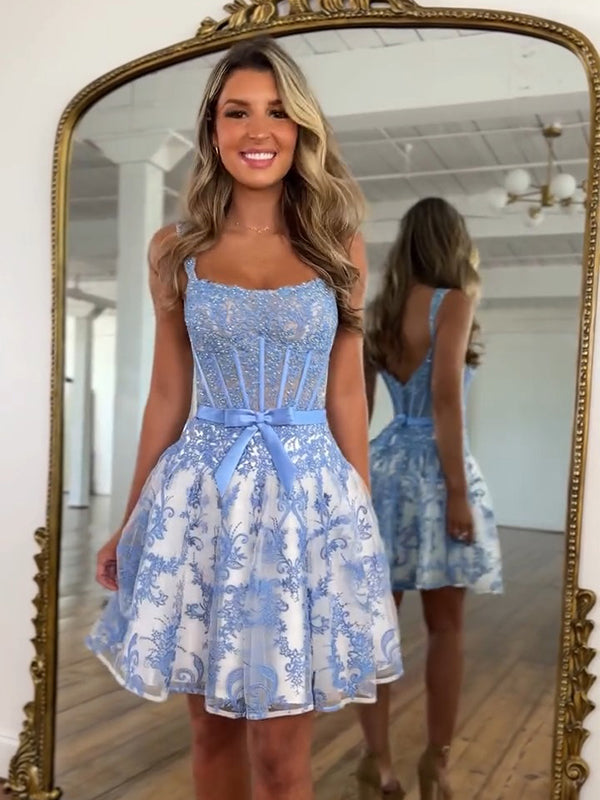 Blue Floral Print A Line Floral Corset Homecoming Dress With Bow