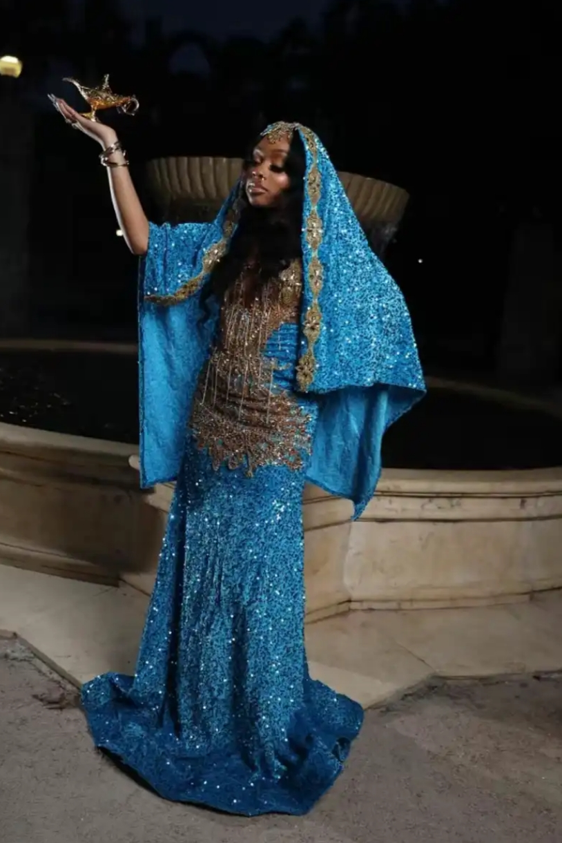 Blue Sparkle Sleeveless Sequin Mermaid Gold Sparkle Floor-Length Prom Dresses