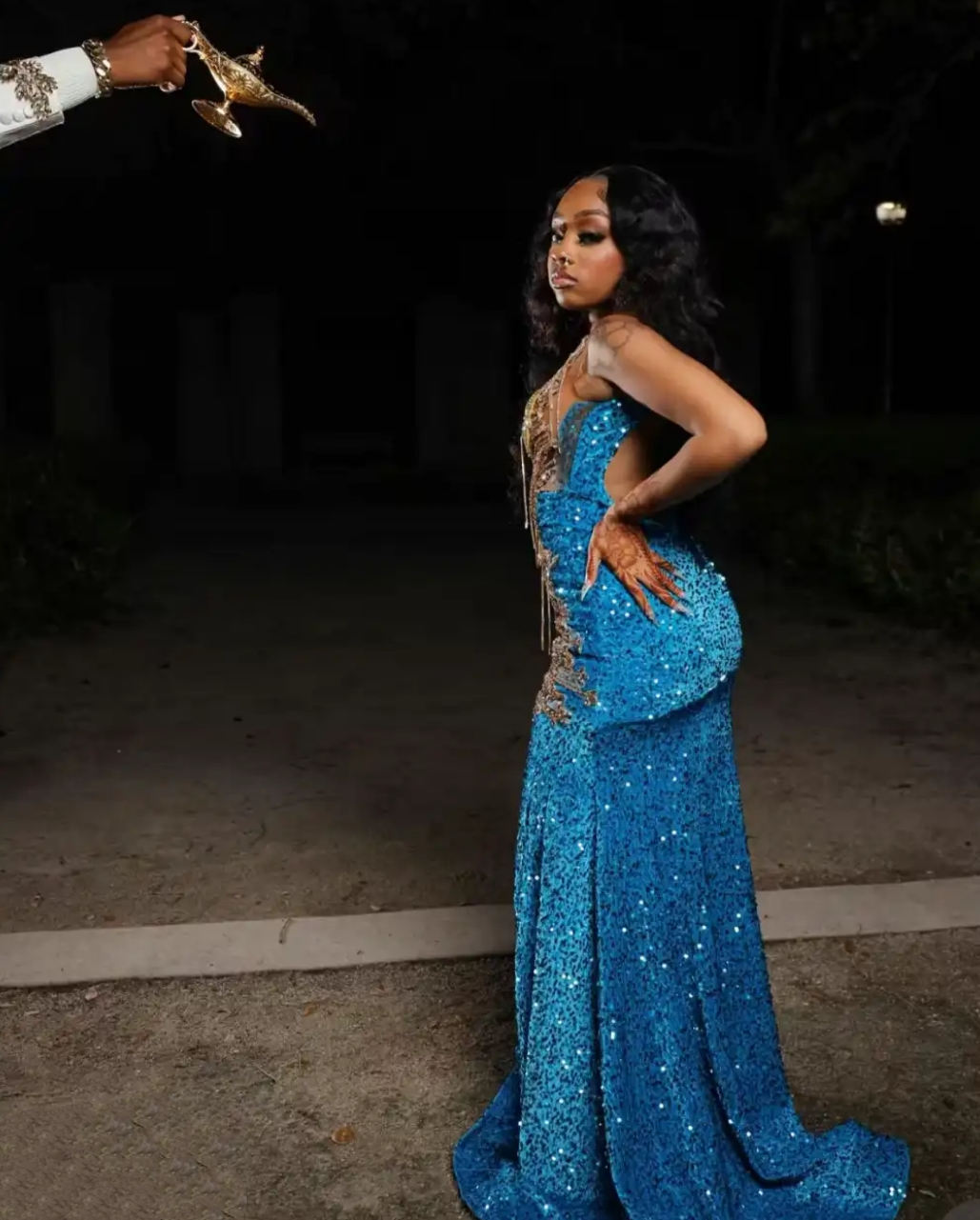 Blue Sparkle Sleeveless Sequin Mermaid Gold Sparkle Floor-Length Prom Dresses