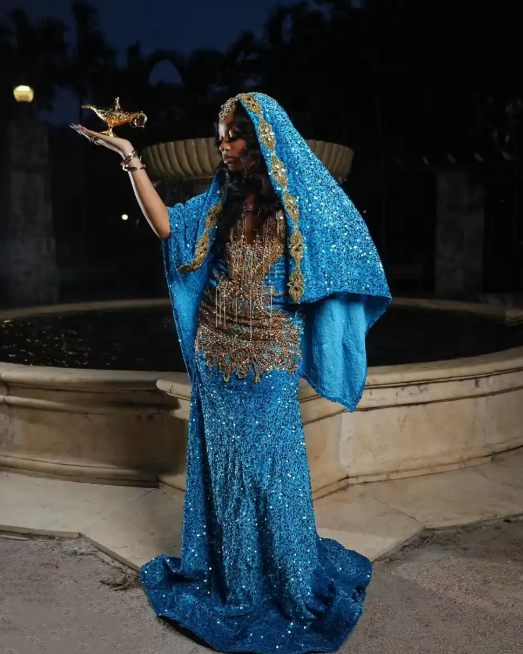 Blue Sparkle Sleeveless Sequin Mermaid Gold Sparkle Floor-Length Prom Dresses