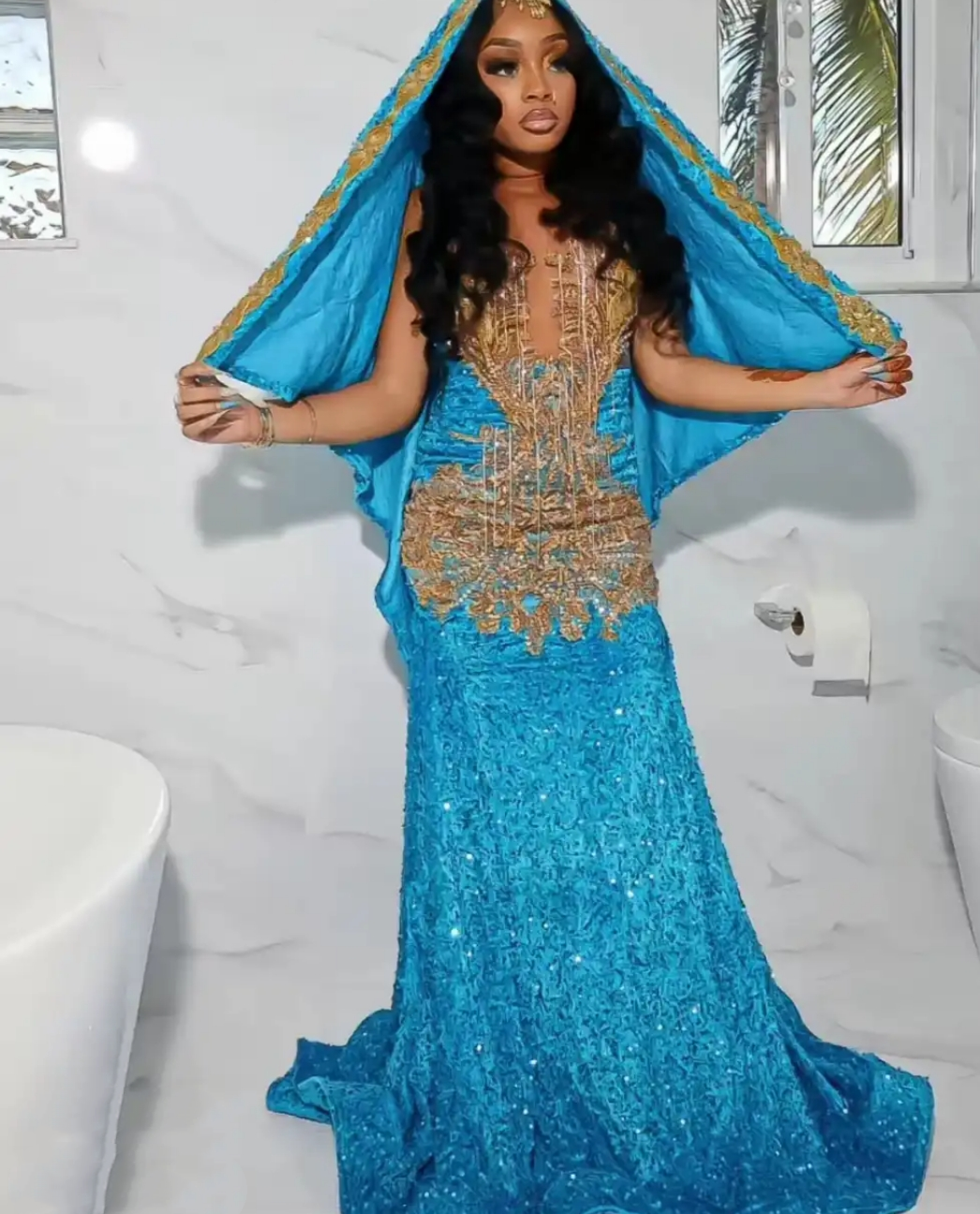 Blue Sparkle Sleeveless Sequin Mermaid Gold Sparkle Floor-Length Prom Dresses