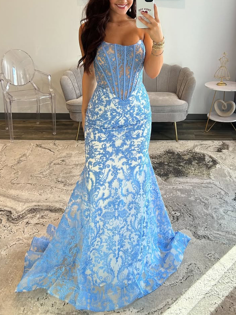 Blue Strapless Pearl Beaded Corset Ruched Long Prom Dress - FashionDia
