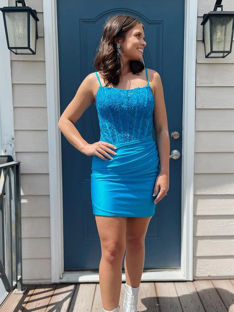 Straps Lace Appliques Tight Homecoming Mini Dress