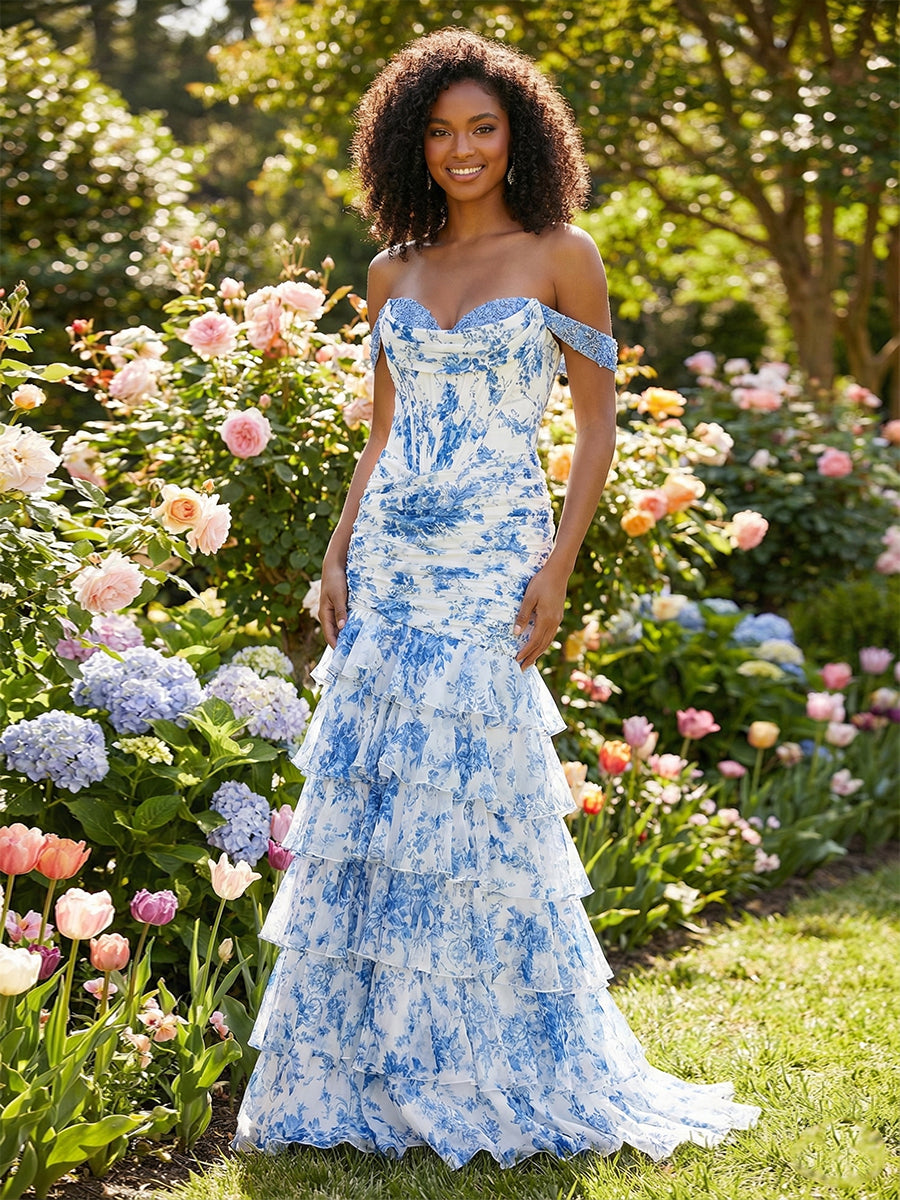 Blue Toile Enchanted Floral Lace-Up Back Prom Dress with Tiered Ruffles - FashionDia