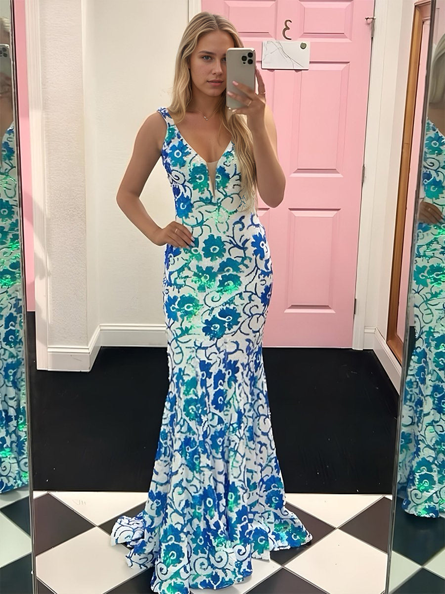 Blue V-Neck Sequin Lace Mermaid Long Prom Dress - FashionDia