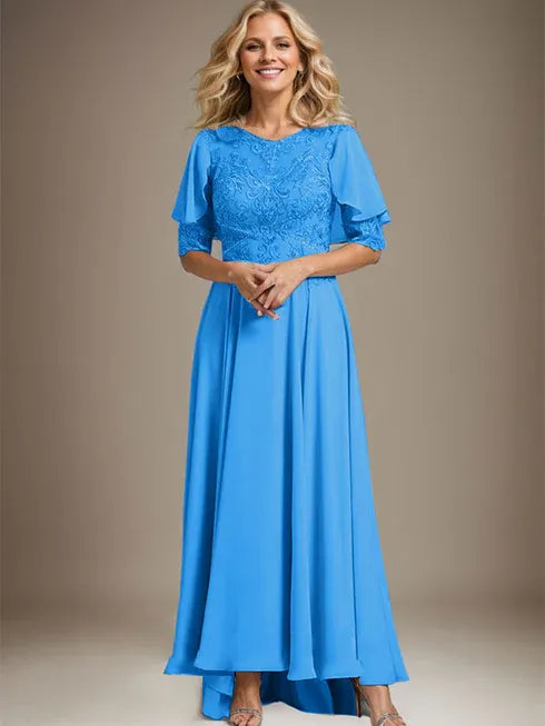 A-line Scoop Illusion Asymmetrical Chiffon Lace Mother of the Bride Dress With Beading - View 10 | FashionDia