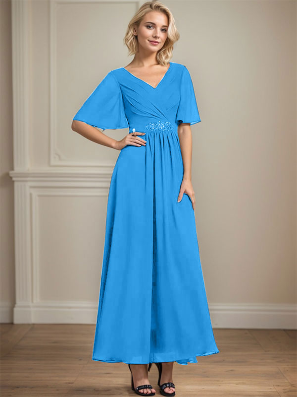 A-line V-Neck Ankle-Length Chiffon Mother of the Bride Dress With Pleated Beading Sequins - View 12 | FashionDia