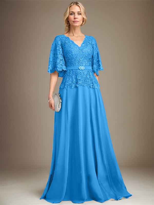A-line V-Neck Floor-Length Chiffon Lace Mother of the Bride Dress With Crystal Brooch Rhinestone - View 10 | FashionDia