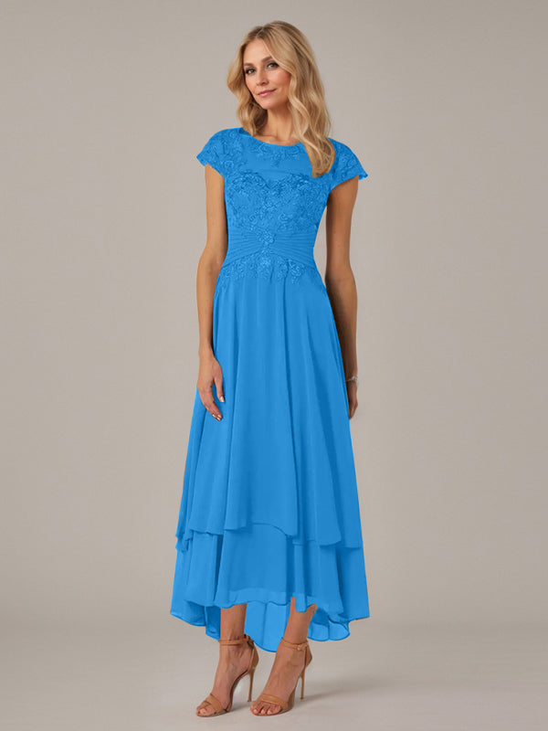 A-line Boat Neck Illusion Asymmetrical Chiffon Lace Mother of the Bride Dress With Applique Pleats - View 11 | FashionDia