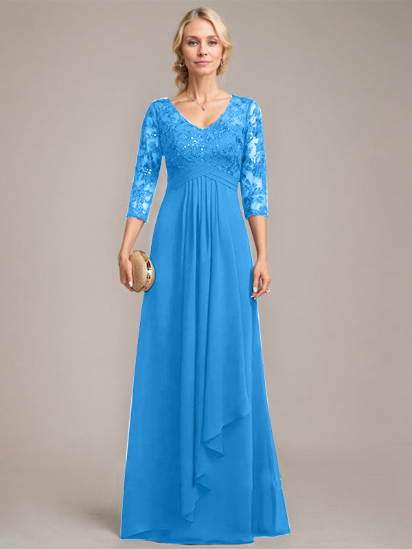 A-line V-Neck Floor-Length Lace Chiffon Mother of the Bride Dress With Cascading Ruffles Sequins - View 10 | FashionDia