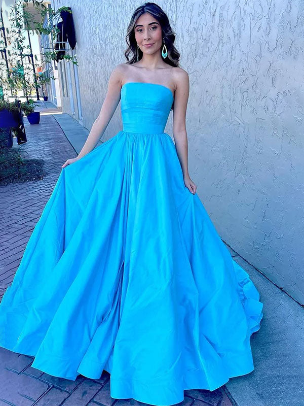 Blue A-Line Satin Strapless Pleated Scoop Neck Long Prom Dress - FashionDia