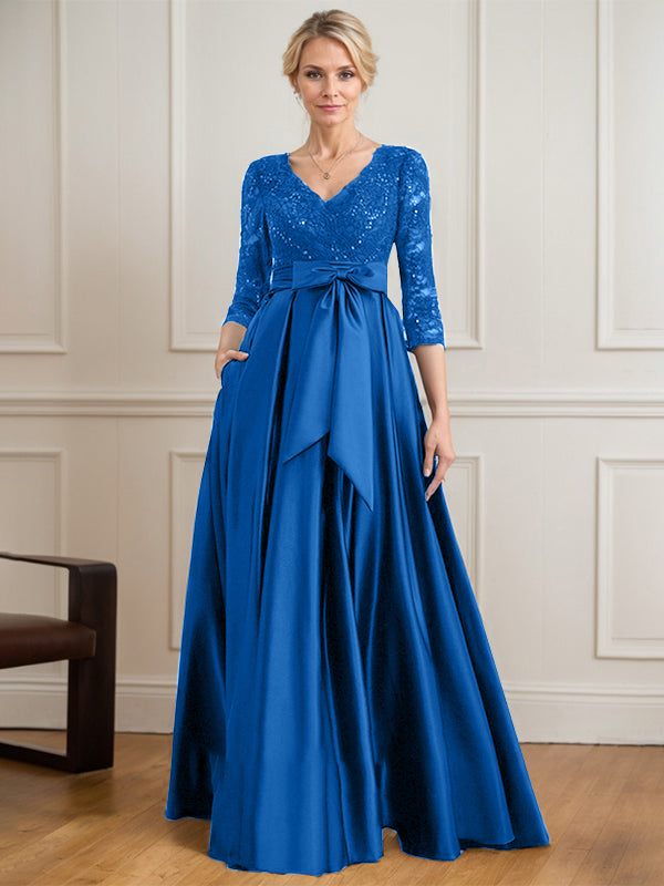 A-line V-Neck Floor-Length Satin Lace Mother of the Bride Dress With Sequins Bow - View 15 | FashionDia