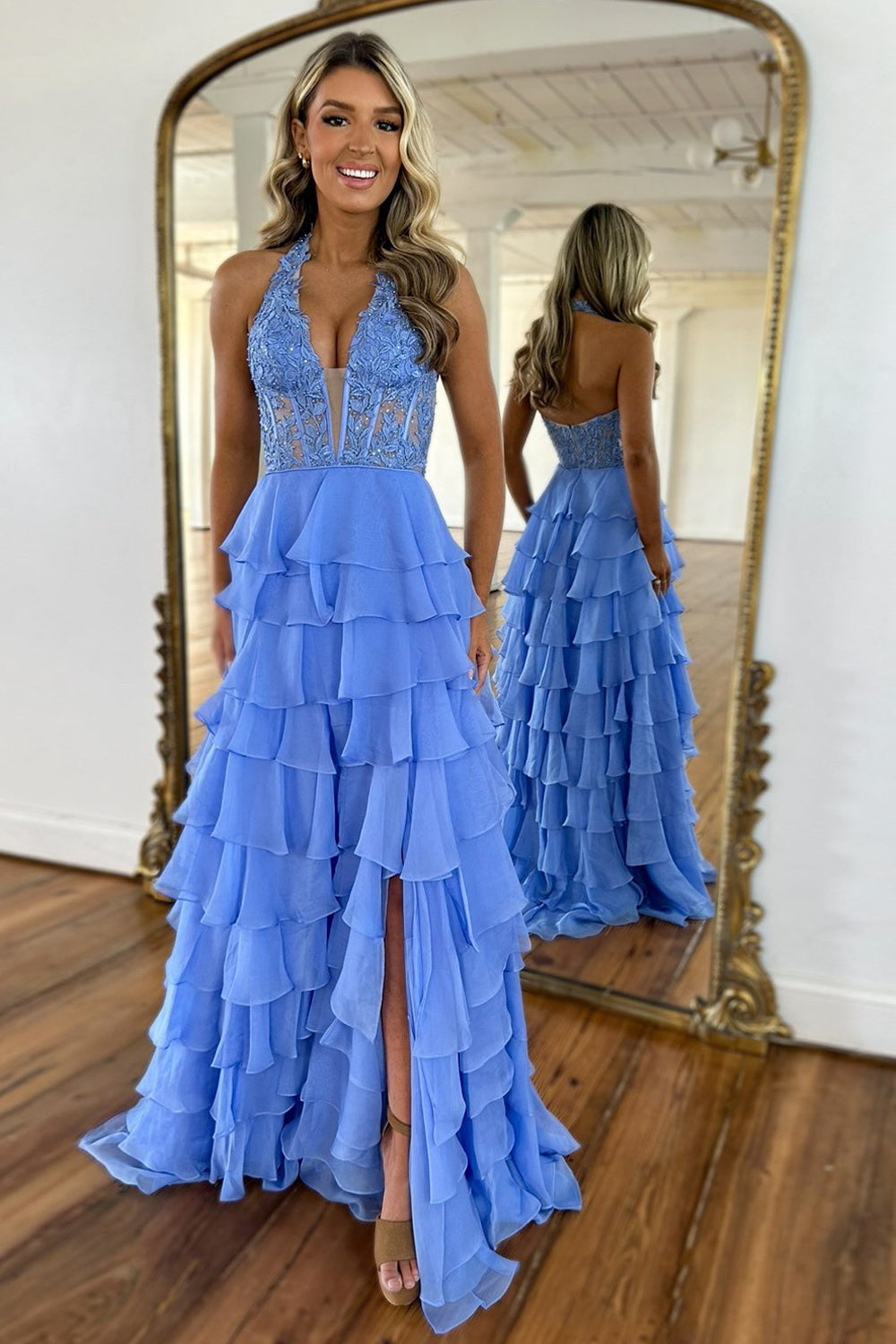 Blue A-Line Halter Neck Lace Top Long Tiered Chiffon Prom Dress With Slit - FashionDia