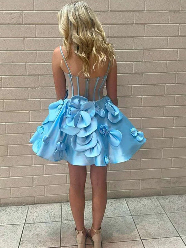 A-Line Spaghetti Straps Short Floral Satin Homecoming Dress
